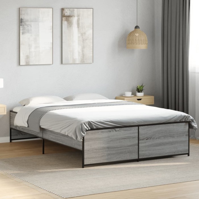 vidaXL Cadru de pat, gri sonoma, 135x190 cm, lemn prelucrat și metal 3279905