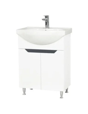 Baza si lavoar ceramic GN0501, mobilier baie stativ 60 cm, circular, front MDF, 2 usi, 2 rafturi, picioare cromate reglabile, alb/antracit foto