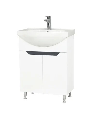 Baza si lavoar ceramic GN0501, mobilier baie stativ 60 cm, circular, front MDF, 2 usi, 2 rafturi, picioare cromate reglabile, alb/antracit