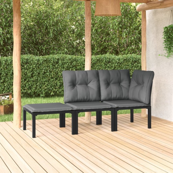 vidaXL Set mobilier de grădină cu perne, 3 piese, negru/gri, poliratan 3187740