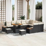 VidaXL Set de canapele pentru grădină , 12 piese, cu perne din ratan poli, Negru, Acacia.