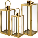 Set 3 felinare decorative aurii Ruhhy, sticla si otel, 38/49/63 cm