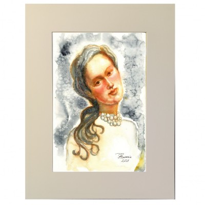 E27. Tablou - La fereastra, acuarela, cu cadru de Passpartout, 30 x 40 cm foto