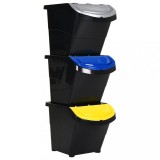 VidaXL Coșuri de gunoi stivuibile cu capace, 3 buc., negru, 78 L, PP