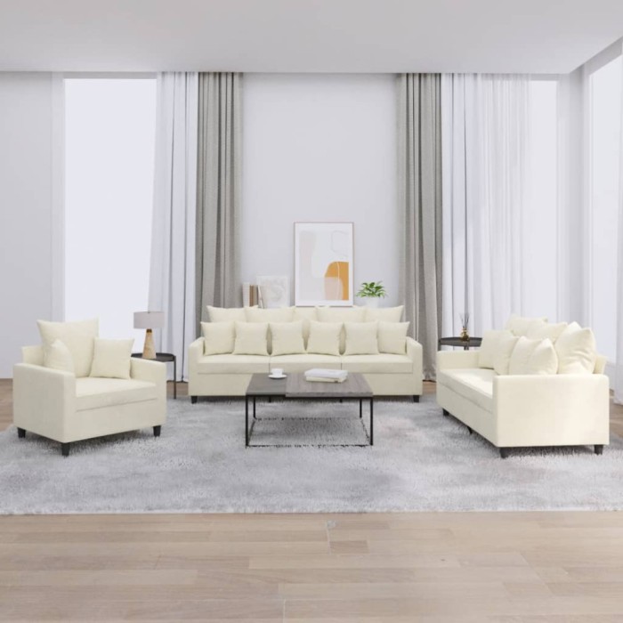 vidaXL Set de canapele cu perne, 3 piese, crem, catifea 3201688