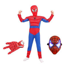 Set costum Ultimate Spiderman IdeallStore® pentru copii, 100% poliester, 120-130 cm, rosu, manusa discuri si masca LED