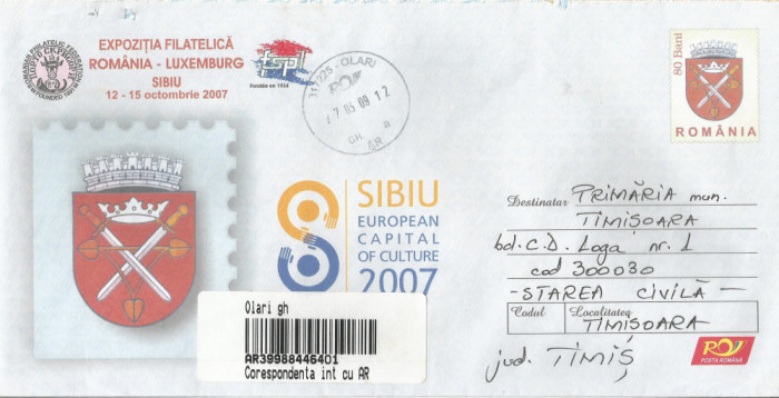 Romania, Expozitia filatelica Romania - Luxemburg, intreg postal circulat, 2009