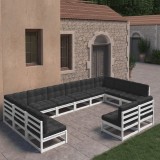 Set mobilier grădină perne, 12 piese, alb, lemn masiv pin