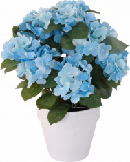 Hortensie Artificiala decorativa, culoare Albastra cu frunze Verzi in ghiveci Alb, de interior sau exterior, rezistente la Umiditate, D floare 37 cm, foto