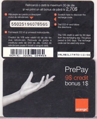 bnk card Romania - Orange - 9+1 $ - 12/08 - RO-ORA-REF-0007-0812? foto