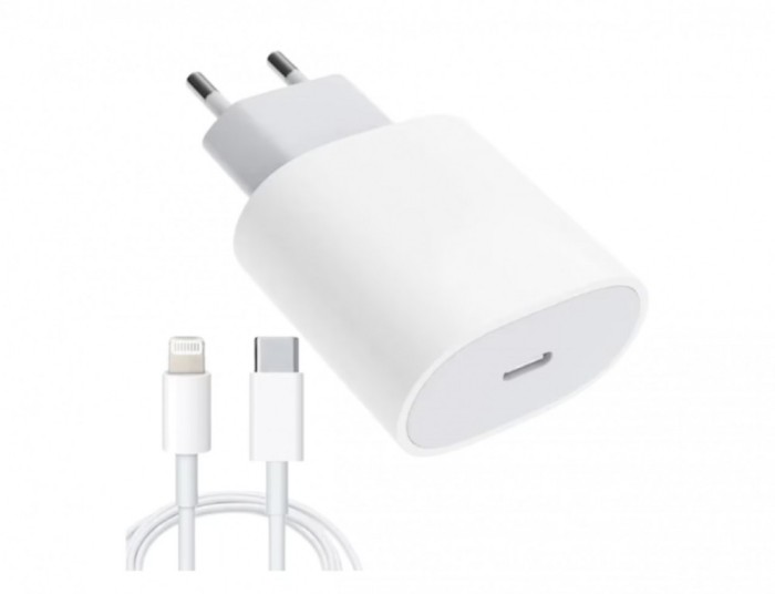 Set Incarcator 20W USB-C A2347 Fast Charging si Cablu de la USB-C Lightning OEM