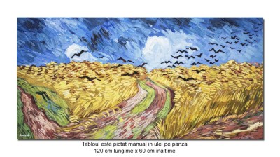 Tablou celebru pictat manual, Lan de grau cu corbi, 120x60cm ulei pe panza, reproducere Vincent van Gogh foto