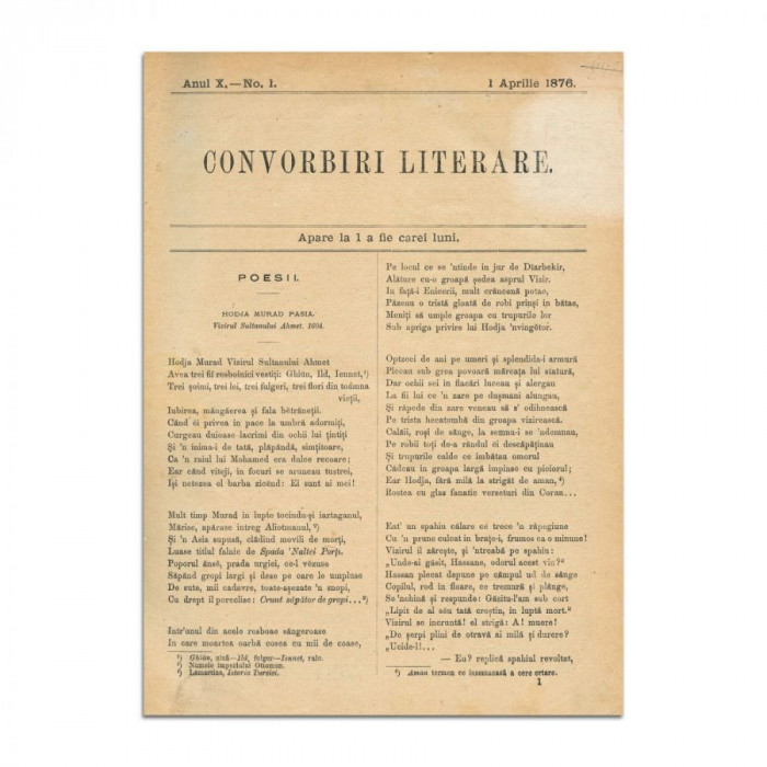 Convorbiri Literare, Anul X, 1 aprilie 1876 - 1 februarie 1877, cu mai multe publicații de M. Eminescu, Veronica Micle și Ion Creangă