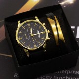 Cumpara ieftin Set Cadou Barbati Gescar Business: Ceas Auriu, Bratara Eleganta. Mecanism Quartz, Curea Piele Ecologica, Cutie Cadou Inclusa