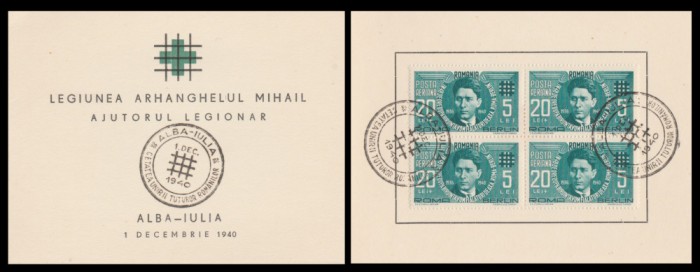 1940 Romania - Carnet Ajutorul Legionar, varietate bloc de 4 Codreanu Posta Aeriana