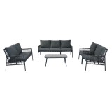 Set mobilier de grădină 7 locuri din PE-ratan și oțel zincat, măsuță cu blat din sticlă temperată cu efect lemn, perne lavabile, Gri