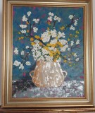 Tablou nou, pictura,-FLORI IN VAS DE LUT-, rama superba, pictor roman consacrat