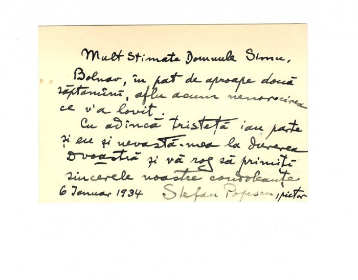 Scrisoare/ carte postala Stefan Popescu (pictor) catre Anastase Simu, 1934
