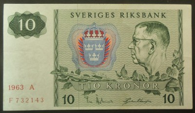 Bancnota 10 COROANE / KRONUR - SUEDIA , anul 1963 * cod 29 = A.UNC foto