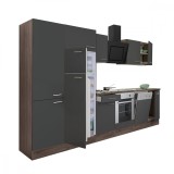 Mobilă de bucătărie Yorki 340, corp din stejar Yorki, front antracit satinat cu element cuptor inferior, dulap cu rafturi și frigider cu congelator su