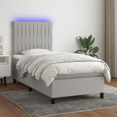 vidaXL Pat cu arcuri, saltea și LED, gri deschis, 90x190 cm, textil 3134997