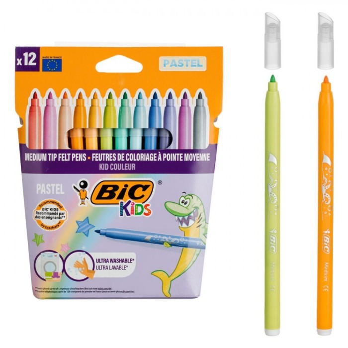 Set Carioci BIC, Lavabile, V&acirc;rf Mediu, Culori Pastel, 12 Bucăți
