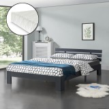 [en.casa]&reg; Pat rama lemn Nivala 140DG, 140 x 200 cm, lemn brad/PAL/spuma rece, 150 Kg, dublu, gri inchis mat, cu saltea si gratar pat HausGarden Leisu, [en.casa]