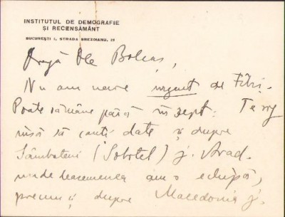 A412 Notă olografă Sabin Manuilă către Lucian Bolcaș, 1935 foto