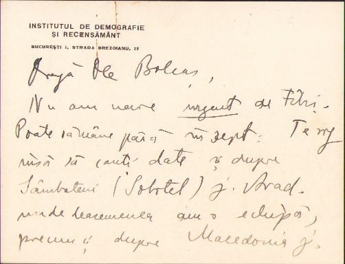 A412 Notă olografă Sabin Manuilă către Lucian Bolcaș, 1935