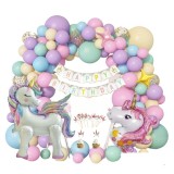 Arcada baloane Unicorn, 160 accesorii, 1 banner Happy Birthday, 12 ornamente prajituri, Mov/roz