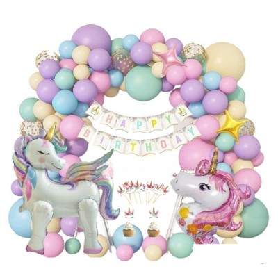 Arcada baloane Unicorn, 160 accesorii, 1 banner Happy Birthday, 12 ornamente prajituri, Mov/roz foto