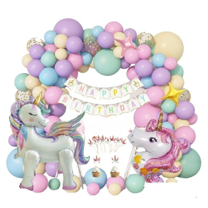Arcada baloane Unicorn, 160 accesorii, 1 banner Happy Birthday, 12 ornamente prajituri, Mov/roz