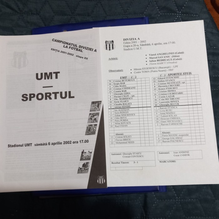 Program + foaie joc U M Timisoara - Sportul Stud.