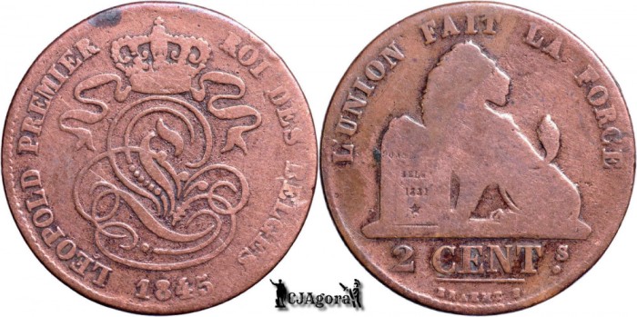 1845, 2 Centimes - Leopold I - Regatul Belgiei