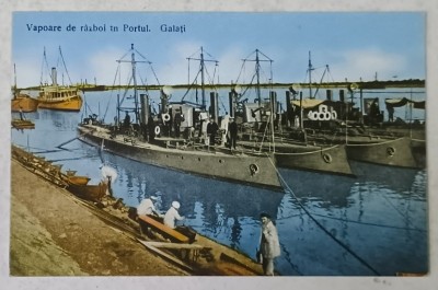 VAPOARE DE RAZBOI IN PORTUL GALATI , CARTE POSTALA , INCEPUTUL SEC. XX foto