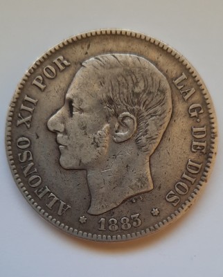 Moneda comemorativa de argint - 5 Pesetas &amp;quot;Alfonso XII&amp;quot; - Spania 1883 - B 2139 foto
