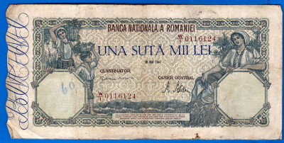 (12) BANCNOTA ROMANIA - 100.000 LEI 1946 (28 MAI 1946), FILIGRAN ORIZONTAL foto