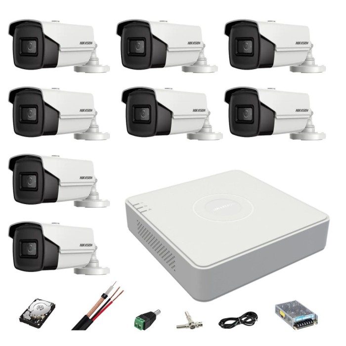 Sistem supraveghere Hikvision 8 camere 8MP 4 in 1, IR 60m, DVR 8 canale 4K, accesorii montaj, Hard Disk SafetyGuard Surveillance