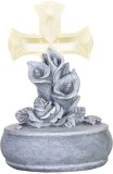 Cruce funerara solara cu flori si LED cald, polyresin, 12x12x17 cm