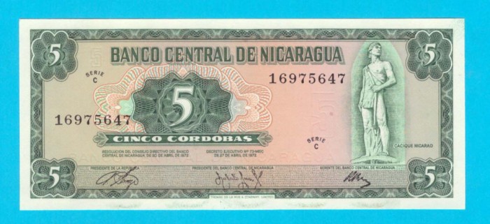 Bancnotă Nicaragua (pick 122) 5 Cordobas 1972 UNC serie: C 169756..