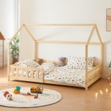Pat casuta copii cu grilaj protectie Hesel 200x120cm lemn natur [en.casa] HausGarden Leisure, [en.casa]