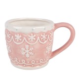 Cumpara ieftin Cana Craciun Fulgi de Nea ceramica roz alba 14x10x9 cm / 300 ml