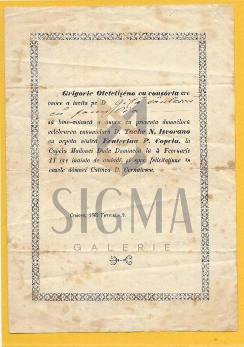 Invitatie cununie Grigorie Otetelesanu, Craiova 1862