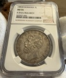 5 Lei 1883 Argint, Romania, NGC AU55, varianta Kullrich pe 6 mm