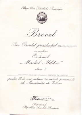 AMS# - BREVET ORDINUL MERITUL MILITAR CL. I, 1976 foto