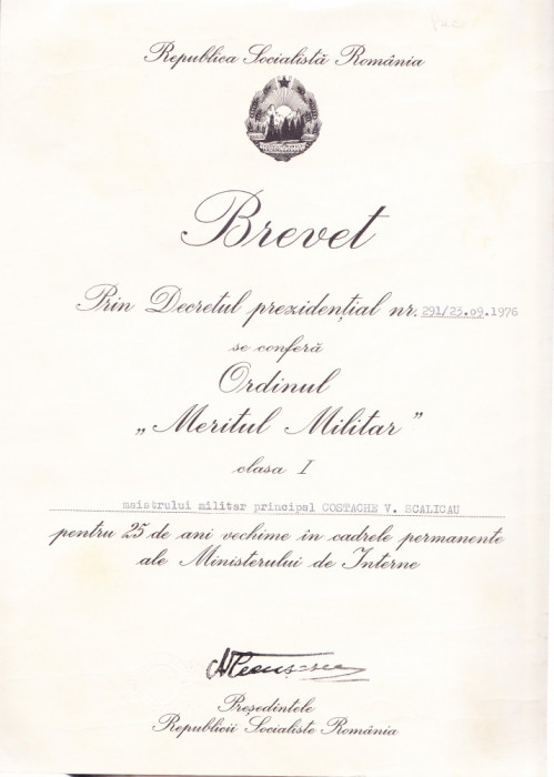 AMS# - BREVET ORDINUL MERITUL MILITAR CL. I, 1976