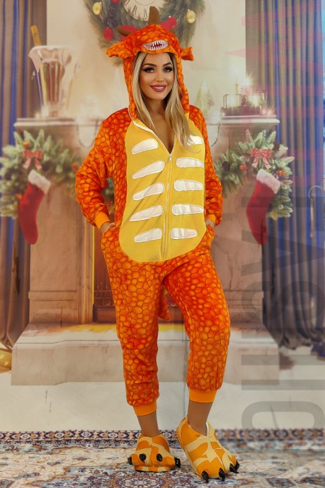 PJS232-199 Set pijama kigurumi model dinozaur + papuci de casa pufosi
