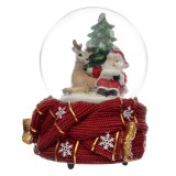 Glob Muzical Crăciun, Decorativ, Moș Crăciun și Cerb, Sticlă, 15 cm, Roșu, Oem