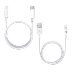 Set 2 Cabluri de Date si Incarcare, 1 x Type-C / Lightning si 1 x USB / Lightning, Albe, 2A, 1 M