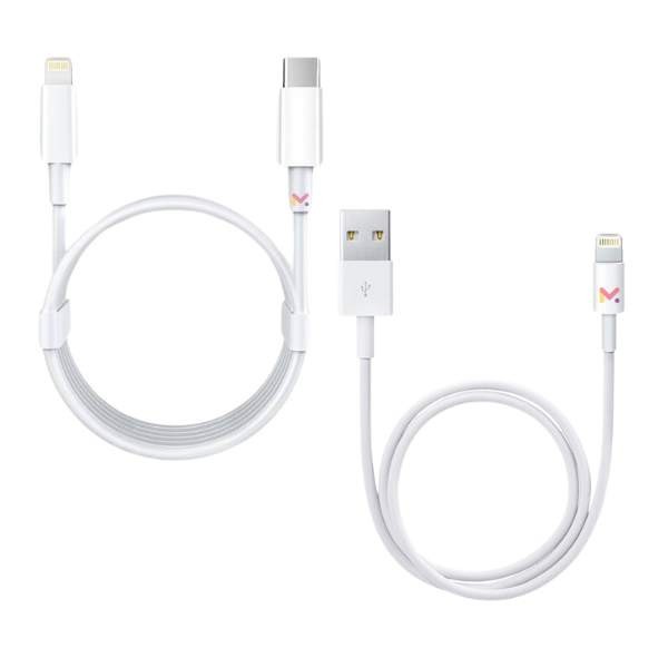 Set 2 Cabluri de Date si Incarcare, 1 x Type-C / Lightning si 1 x USB / Lightning, Albe, 2A, 1 M